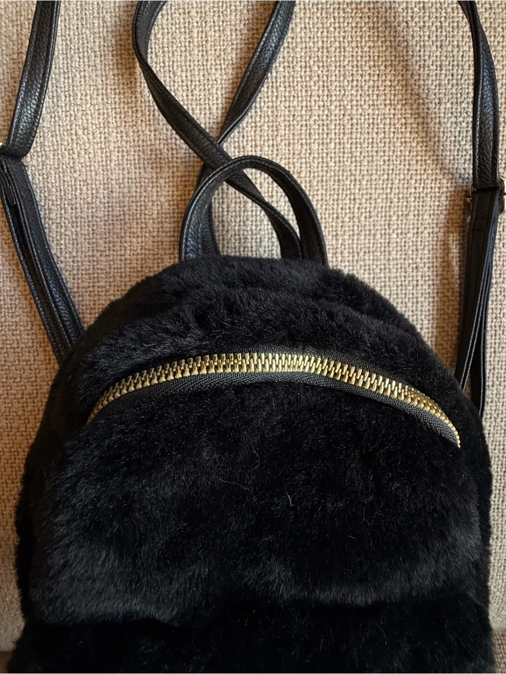SHEIN Black Faux Fur Mini Backpack with Gold-Tone Zippers